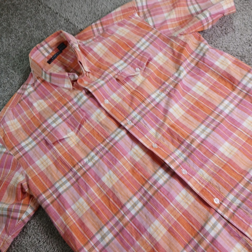 Roper Mens Short Sleeve Plaid Button Down Western Shirt Orange Pink Cotton XL
